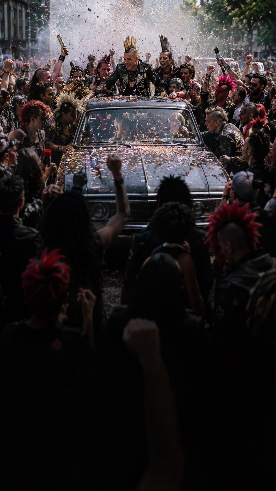Punk-Crowd mit Iros und Konfetti rund um ein Auto beim Kein Bock auf Nazis Festival