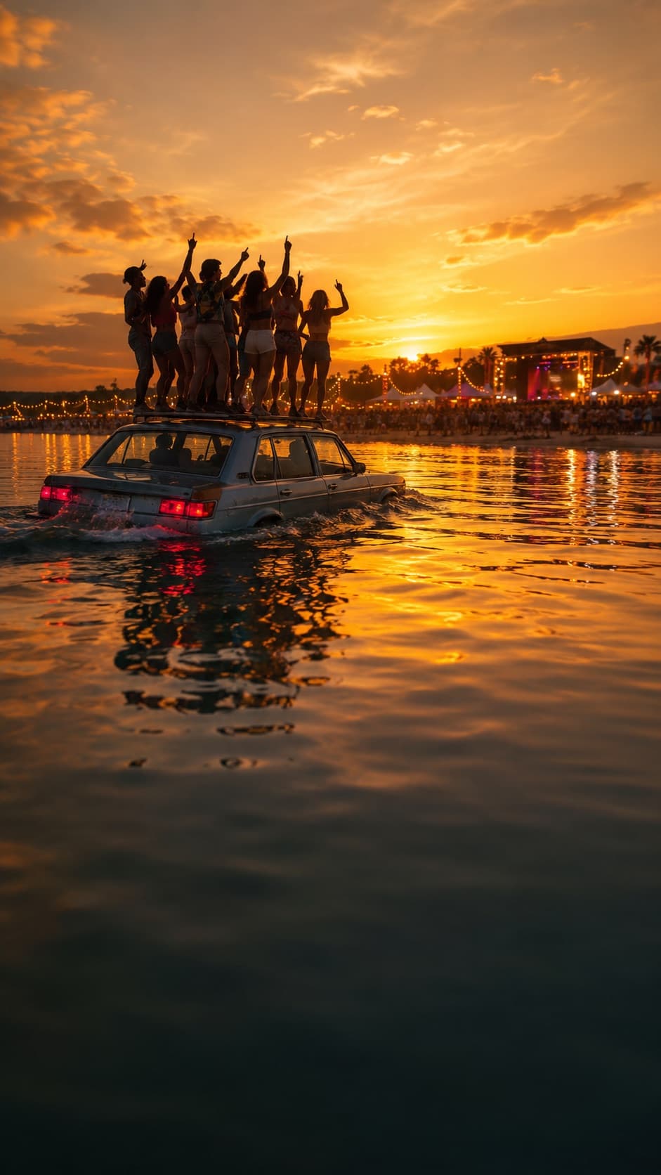 Crew feiert auf einem Auto im Ostsee-Sonnenuntergang beim Pangea Festival