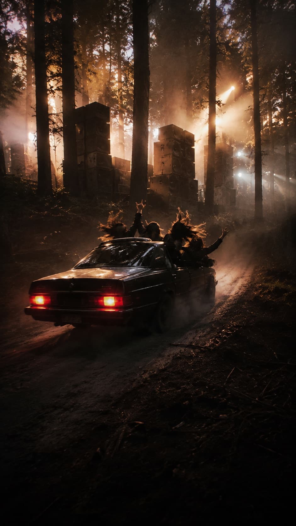 Auto rauscht headbangend durch den nächtlichen Wald zu Rock im Wald